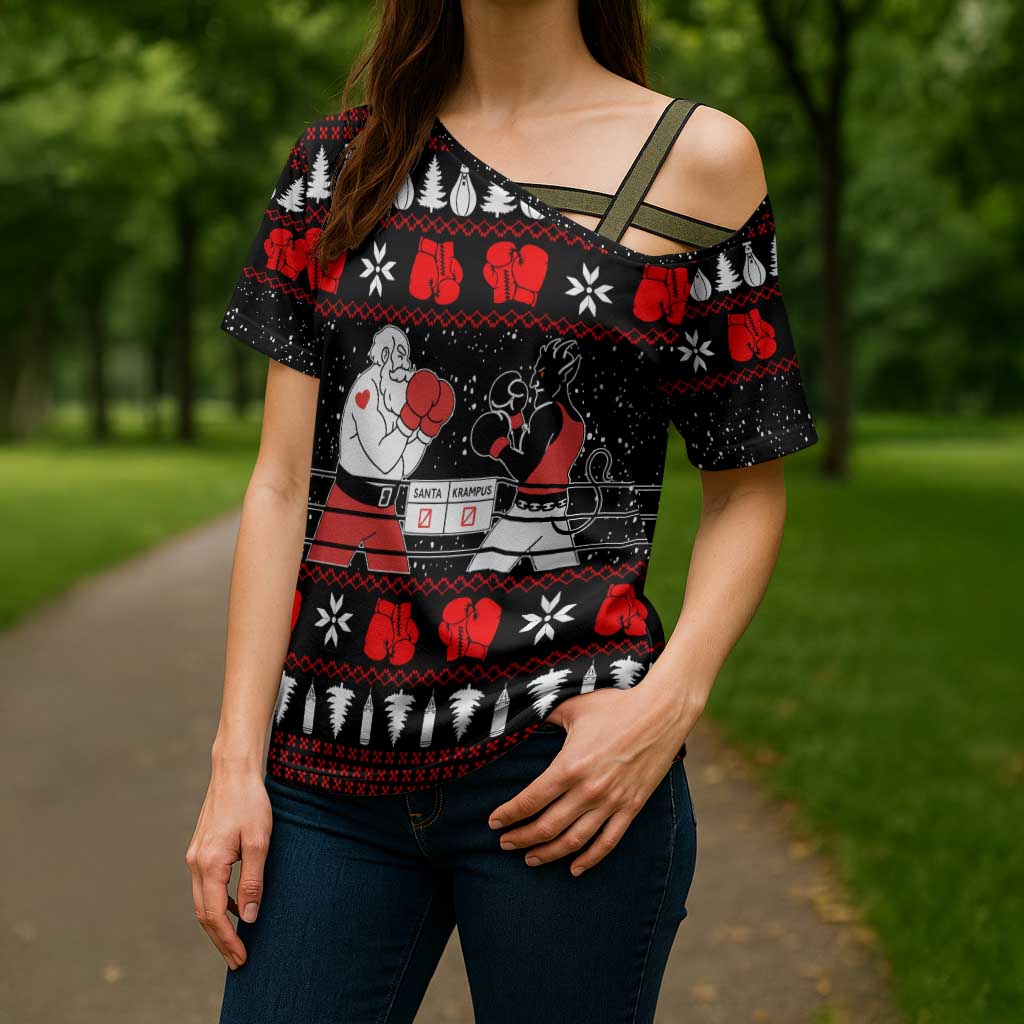 Christmas Boxing Santa And Krampus Cross Shoulder Shirt Xmas Holiday Patterns - Wonder Print Shop