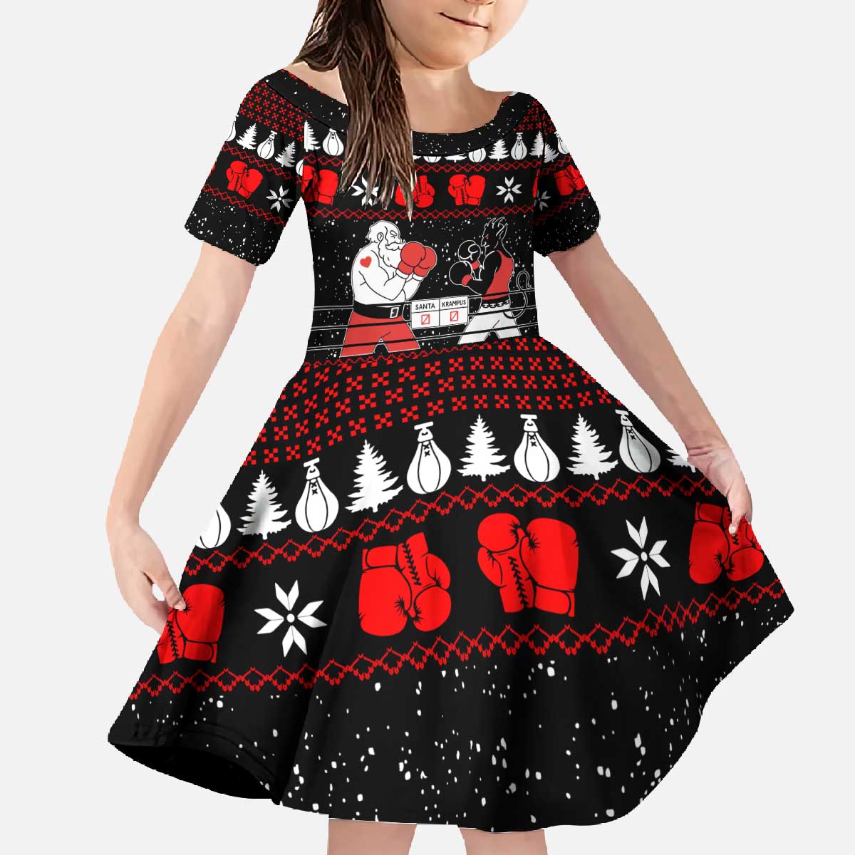 Christmas Boxing Santa And Krampus Family Matching Off The Shoulder Long Sleeve Dress and Hawaiian Shirt Xmas Holiday Patterns - Wonder Print Shop