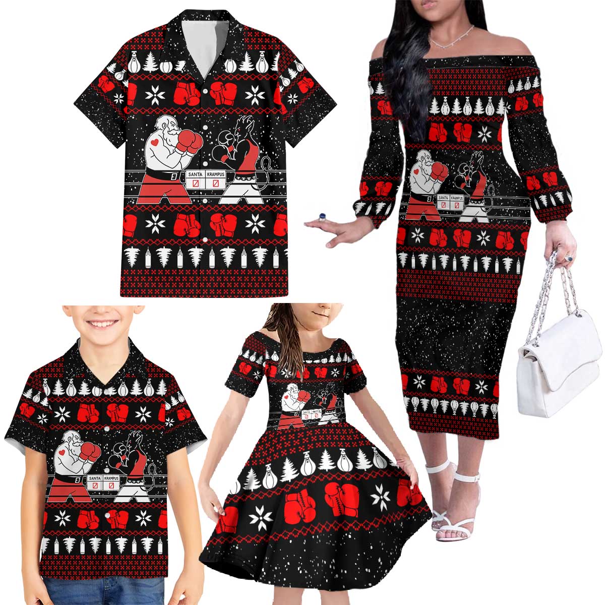 Christmas Boxing Santa And Krampus Family Matching Off The Shoulder Long Sleeve Dress and Hawaiian Shirt Xmas Holiday Patterns - Wonder Print Shop