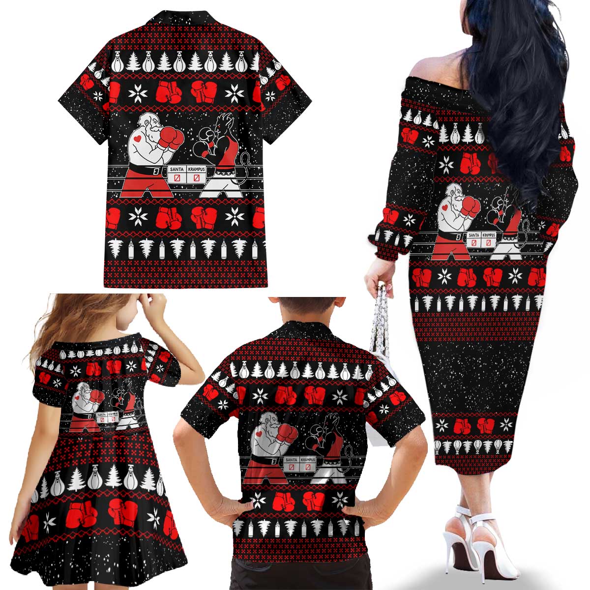 Christmas Boxing Santa And Krampus Family Matching Off The Shoulder Long Sleeve Dress and Hawaiian Shirt Xmas Holiday Patterns - Wonder Print Shop