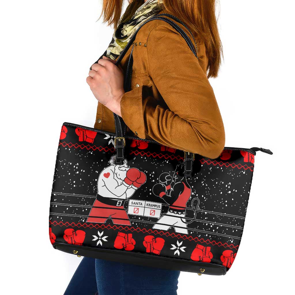 Christmas Boxing Santa And Krampus Leather Tote Bag Xmas Holiday Patterns - Wonder Print Shop