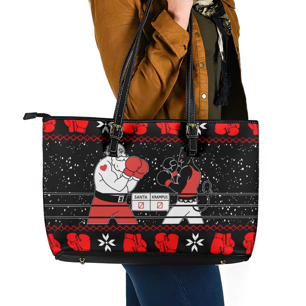 Christmas Boxing Santa And Krampus Leather Tote Bag Xmas Holiday Patterns - Wonder Print Shop