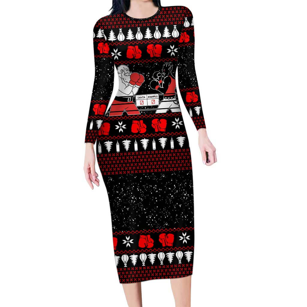 Christmas Boxing Santa And Krampus Long Sleeve Bodycon Dress Xmas Holiday Patterns - Wonder Print Shop