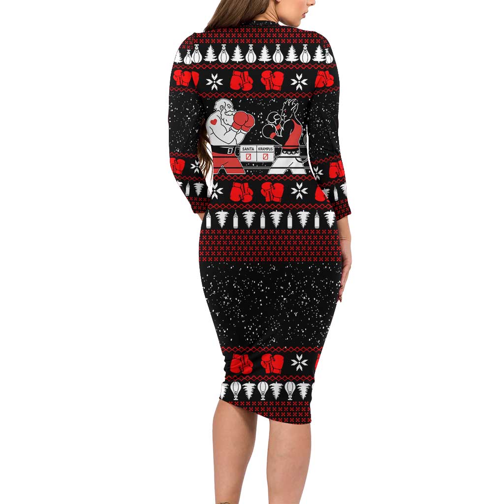 Christmas Boxing Santa And Krampus Long Sleeve Bodycon Dress Xmas Holiday Patterns - Wonder Print Shop