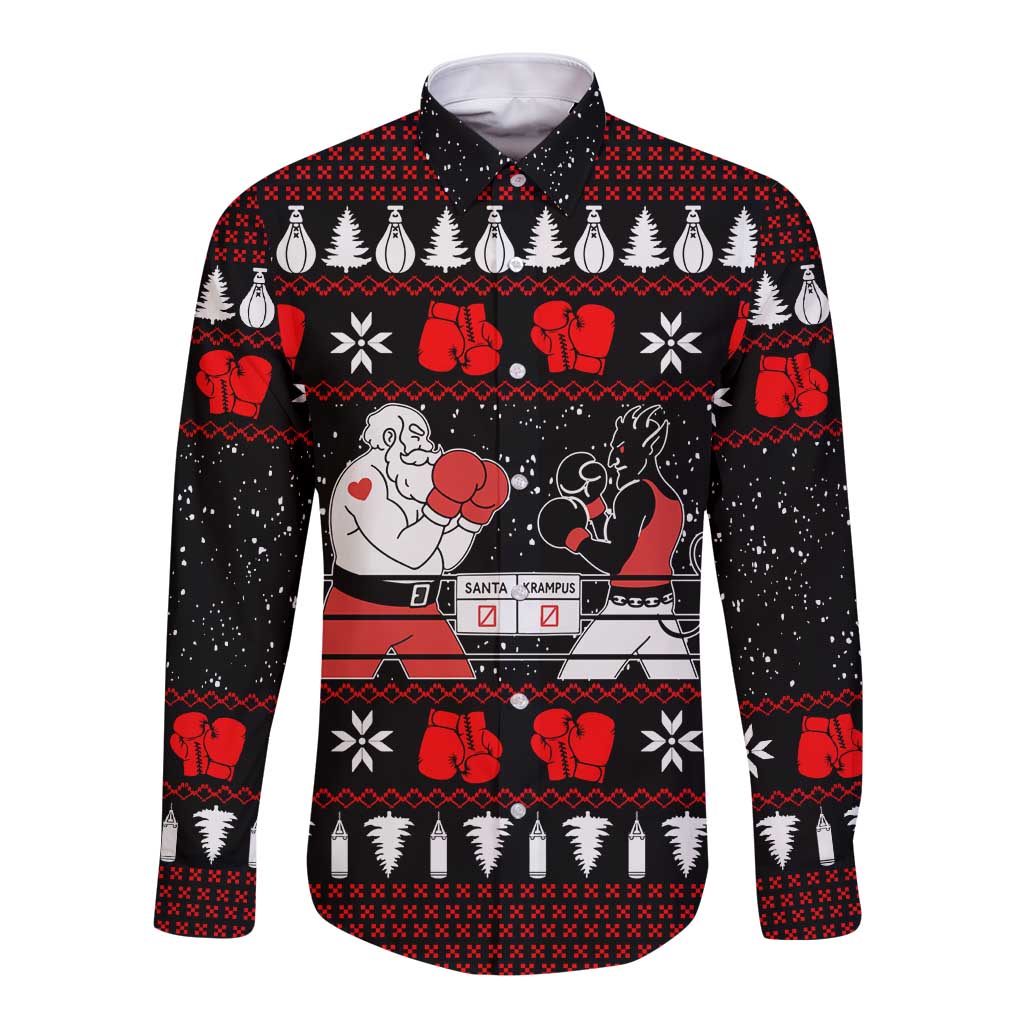 Christmas Boxing Santa And Krampus Long Sleeve Button Shirt Xmas Holiday Patterns - Wonder Print Shop