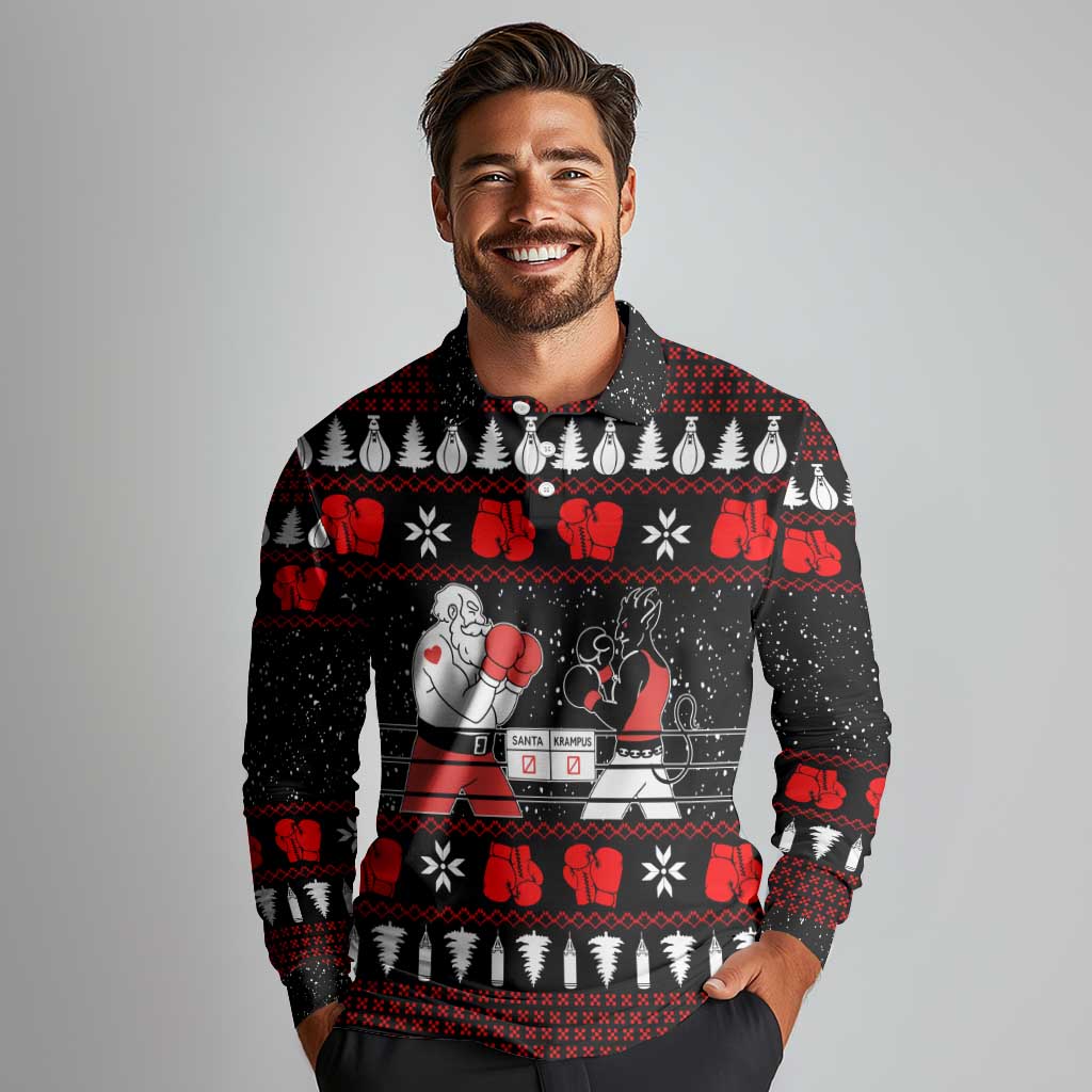 Christmas Boxing Santa And Krampus Long Sleeve Polo Shirt Xmas Holiday Patterns - Wonder Print Shop