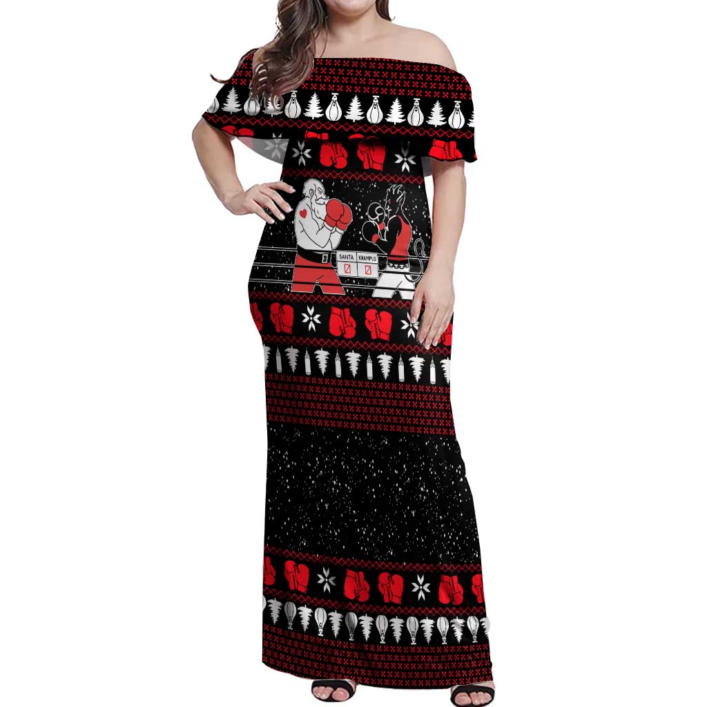 Christmas Boxing Santa And Krampus Off Shoulder Maxi Dress Xmas Holiday Patterns - Wonder Print Shop