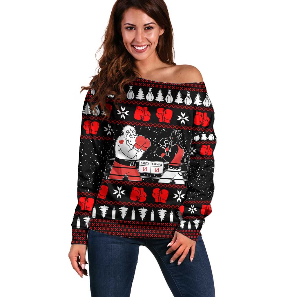 Christmas Boxing Santa And Krampus Off Shoulder Sweater Xmas Holiday Patterns - Wonder Print Shop