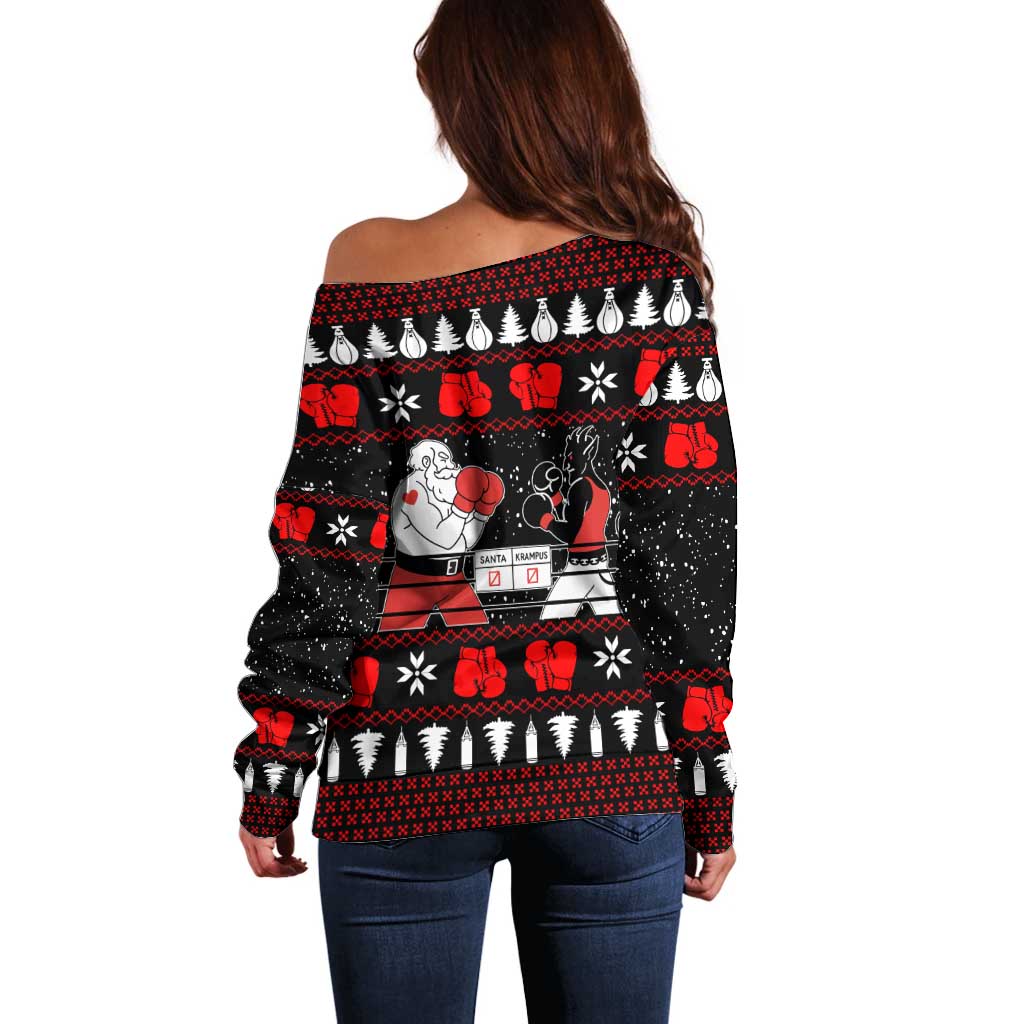 Christmas Boxing Santa And Krampus Off Shoulder Sweater Xmas Holiday Patterns - Wonder Print Shop