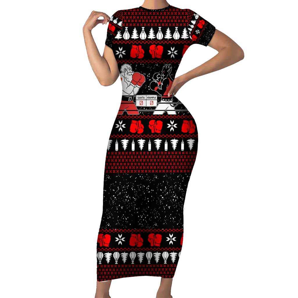 Christmas Boxing Santa And Krampus Short Sleeve Bodycon Dress Xmas Holiday Patterns - Wonder Print Shop