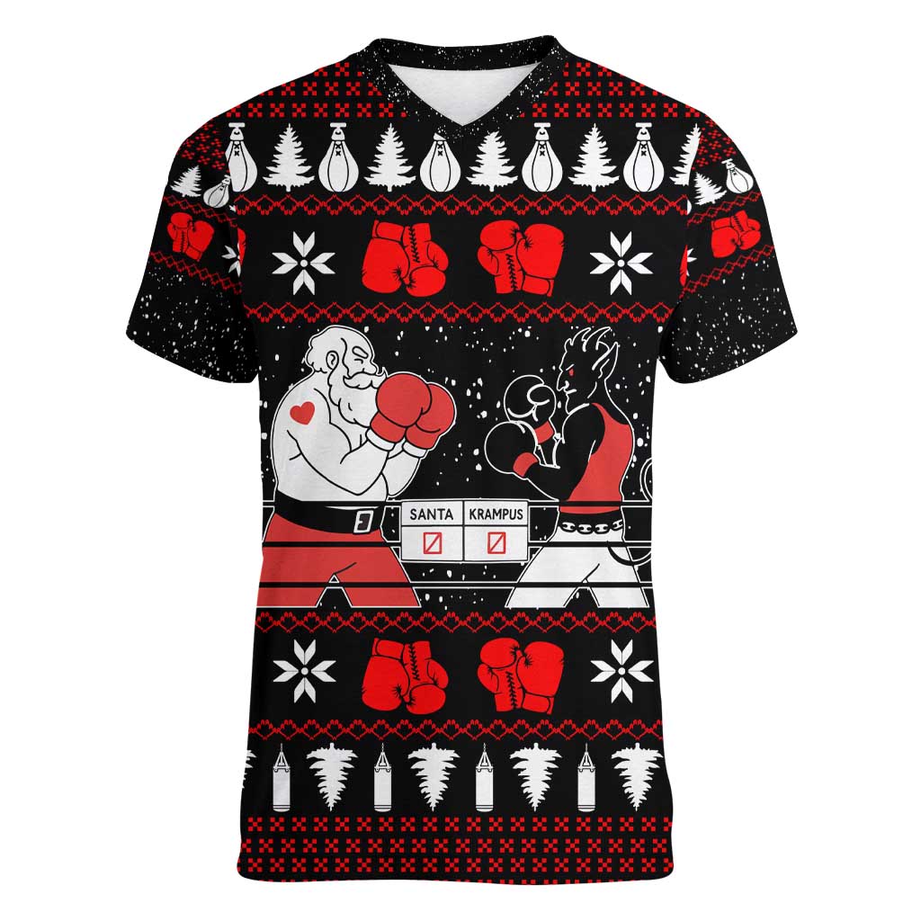 Christmas Boxing Santa And Krampus Women V-Neck T-Shirt Xmas Holiday Patterns - Wonder Print Shop