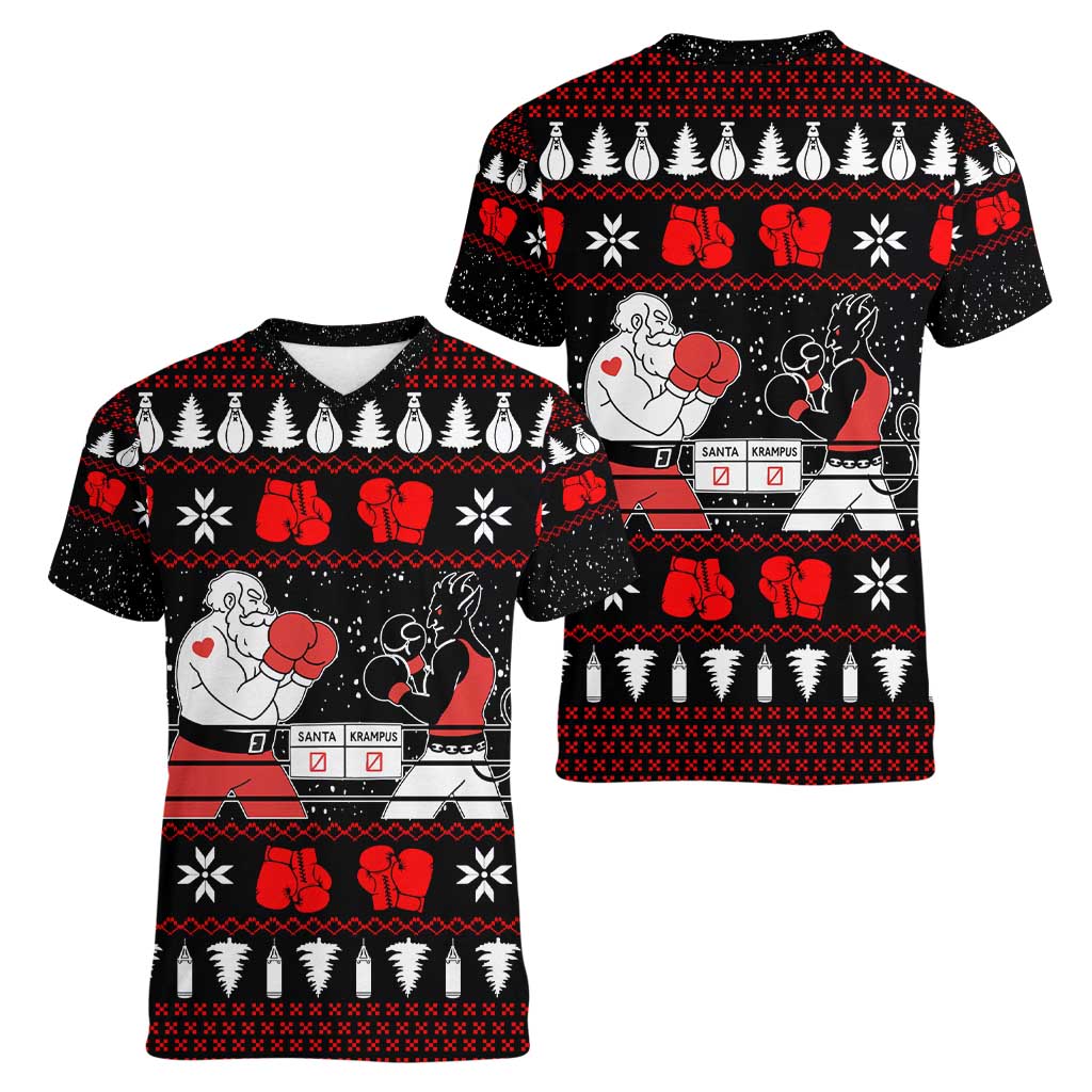 Christmas Boxing Santa And Krampus Women V-Neck T-Shirt Xmas Holiday Patterns - Wonder Print Shop
