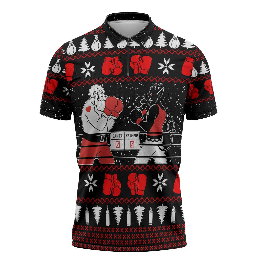 Christmas Boxing Santa And Krampus Zipper Polo Shirt Xmas Holiday Patterns - Wonder Print Shop