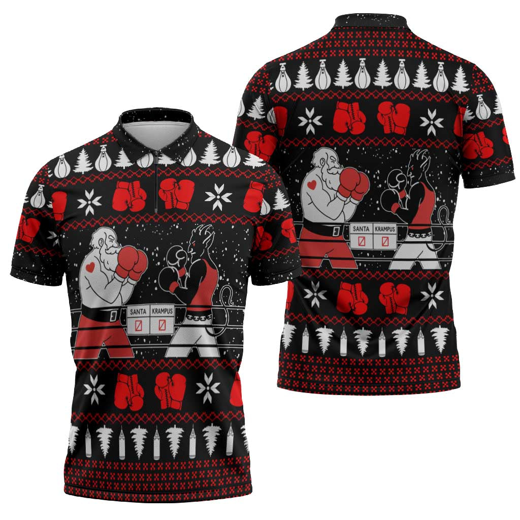 Christmas Boxing Santa And Krampus Zipper Polo Shirt Xmas Holiday Patterns - Wonder Print Shop