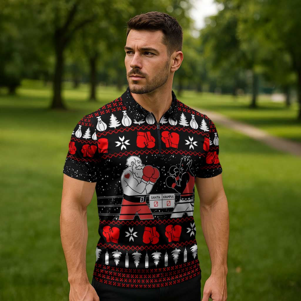Christmas Boxing Santa And Krampus Zipper Polo Shirt Xmas Holiday Patterns - Wonder Print Shop
