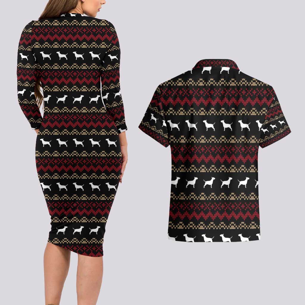 Christmas Bull Dog Terrier Couples Matching Long Sleeve Bodycon Dress and Hawaiian Shirt Xmas Holiday Patterns - Wonder Print Shop