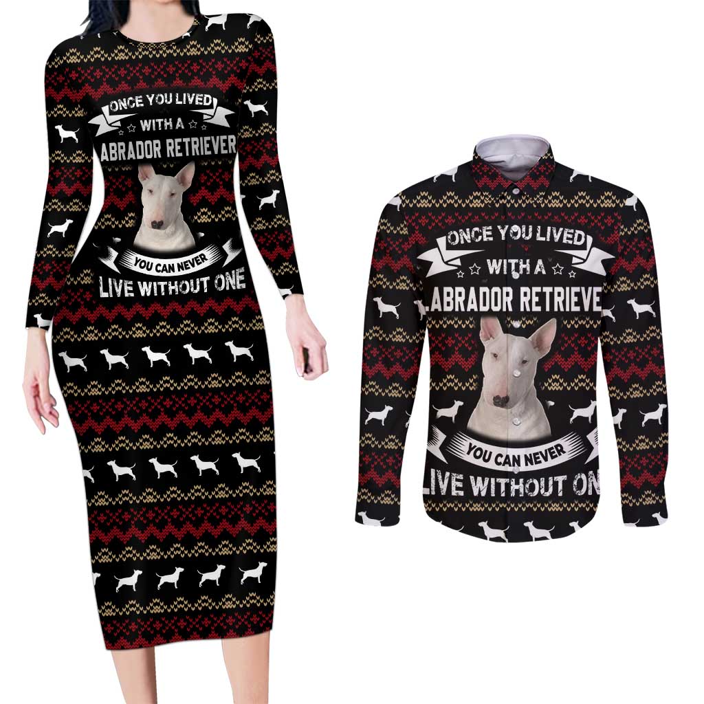 Christmas Bull Dog Terrier Couples Matching Long Sleeve Bodycon Dress and Long Sleeve Button Shirt Xmas Holiday Patterns - Wonder Print Shop