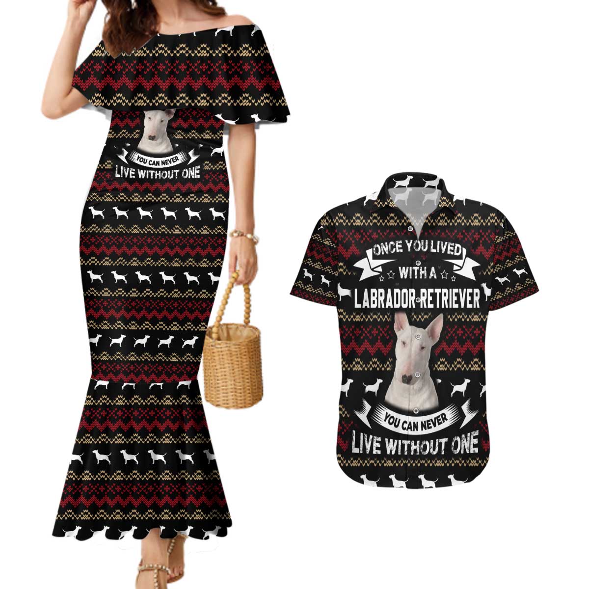 Christmas Bull Dog Terrier Couples Matching Mermaid Dress and Hawaiian Shirt Xmas Holiday Patterns - Wonder Print Shop