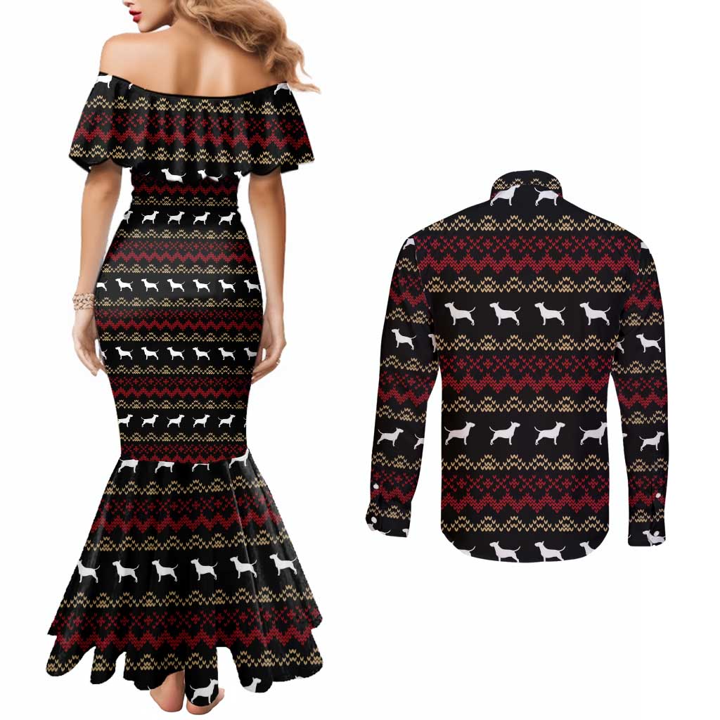 Christmas Bull Dog Terrier Couples Matching Mermaid Dress and Long Sleeve Button Shirt Xmas Holiday Patterns - Wonder Print Shop