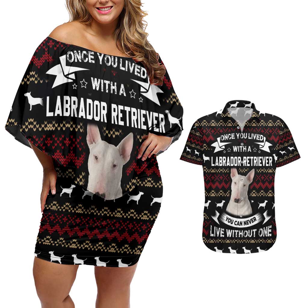Christmas Bull Dog Terrier Couples Matching Off Shoulder Short Dress and Hawaiian Shirt Xmas Holiday Patterns - Wonder Print Shop