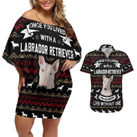 Christmas Bull Dog Terrier Couples Matching Off Shoulder Short Dress and Hawaiian Shirt Xmas Holiday Patterns - Wonder Print Shop