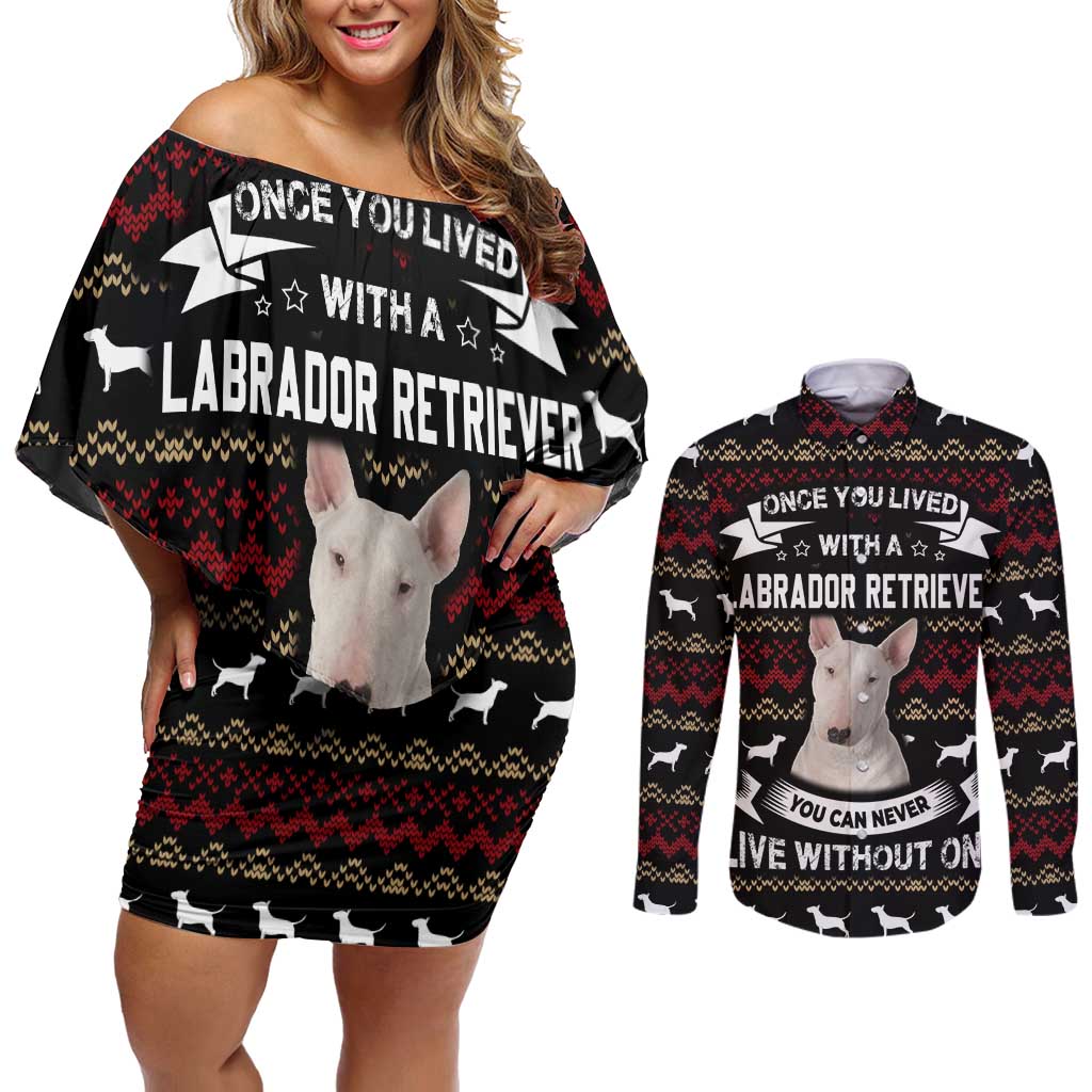 Christmas Bull Dog Terrier Couples Matching Off Shoulder Short Dress and Long Sleeve Button Shirt Xmas Holiday Patterns - Wonder Print Shop
