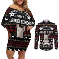 Christmas Bull Dog Terrier Couples Matching Off Shoulder Short Dress and Long Sleeve Button Shirt Xmas Holiday Patterns - Wonder Print Shop