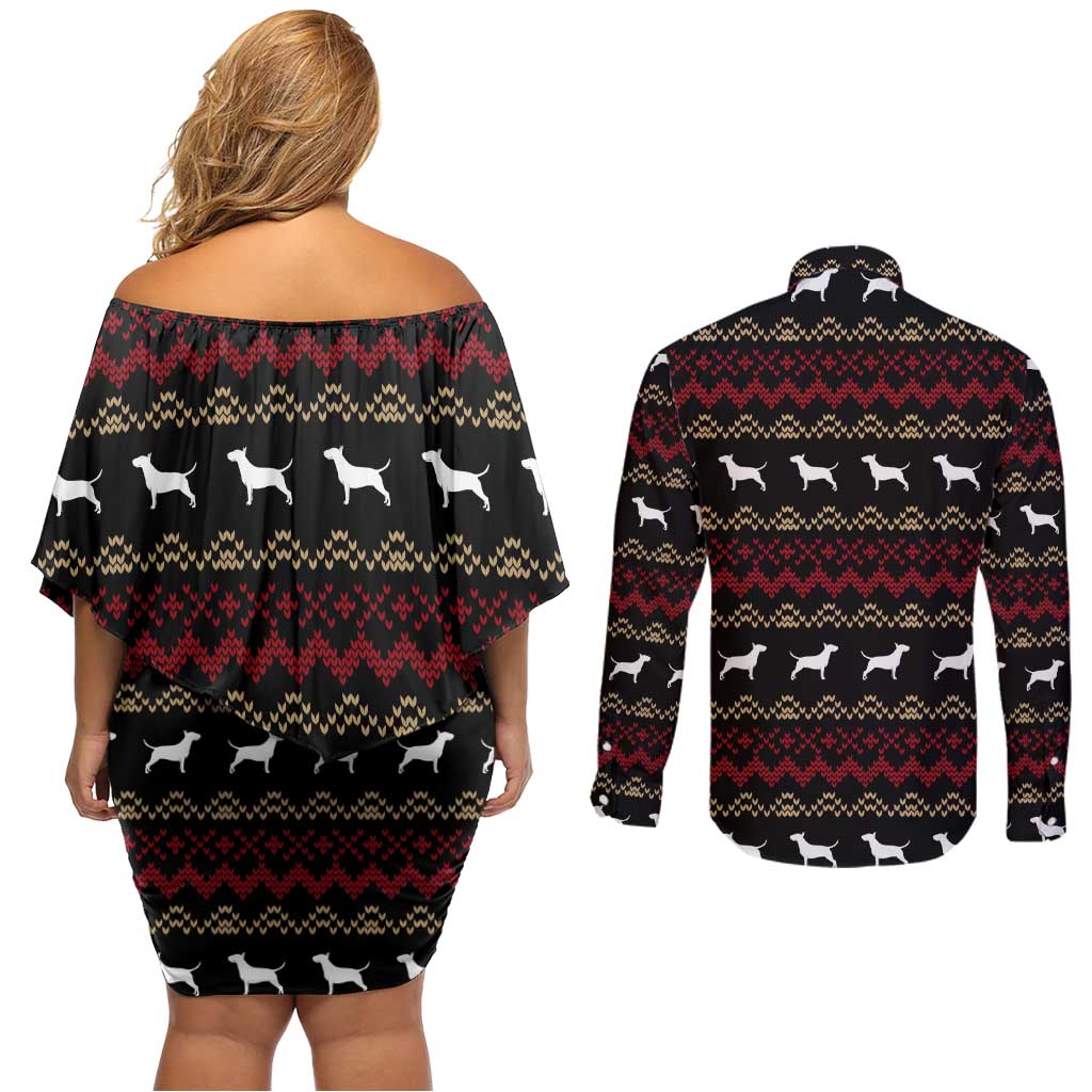 Christmas Bull Dog Terrier Couples Matching Off Shoulder Short Dress and Long Sleeve Button Shirt Xmas Holiday Patterns - Wonder Print Shop