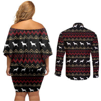 Christmas Bull Dog Terrier Couples Matching Off Shoulder Short Dress and Long Sleeve Button Shirt Xmas Holiday Patterns - Wonder Print Shop