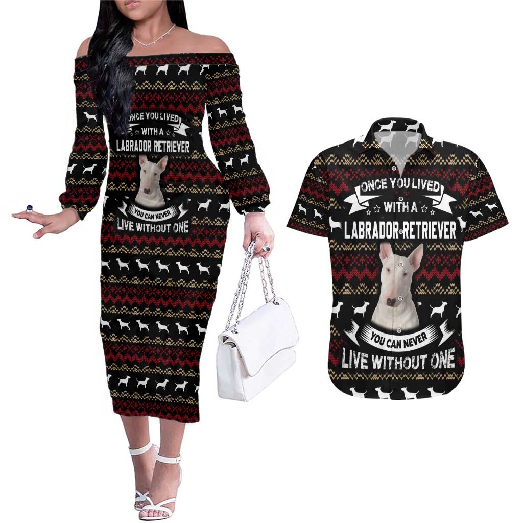 Christmas Bull Dog Terrier Couples Matching Off The Shoulder Long Sleeve Dress and Hawaiian Shirt Xmas Holiday Patterns - Wonder Print Shop