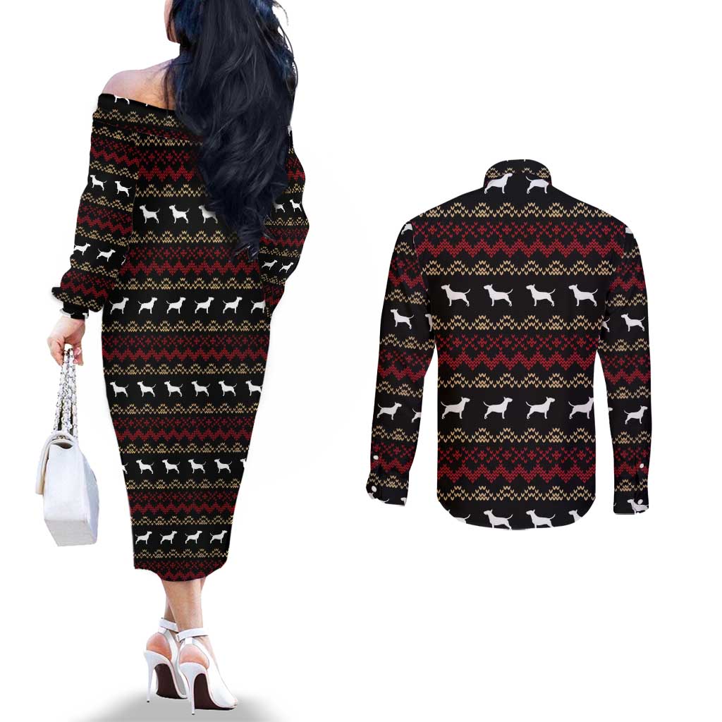 Christmas Bull Dog Terrier Couples Matching Off The Shoulder Long Sleeve Dress and Long Sleeve Button Shirt Xmas Holiday Patterns - Wonder Print Shop