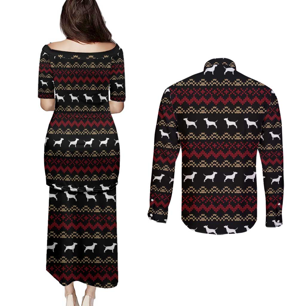 Christmas Bull Dog Terrier Couples Matching Puletasi and Long Sleeve Button Shirt Xmas Holiday Patterns - Wonder Print Shop