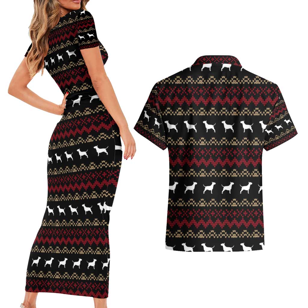 Christmas Bull Dog Terrier Couples Matching Short Sleeve Bodycon Dress and Hawaiian Shirt Xmas Holiday Patterns - Wonder Print Shop