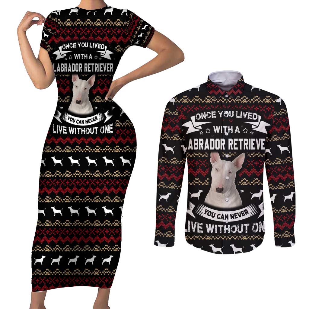 Christmas Bull Dog Terrier Couples Matching Short Sleeve Bodycon Dress and Long Sleeve Button Shirt Xmas Holiday Patterns - Wonder Print Shop