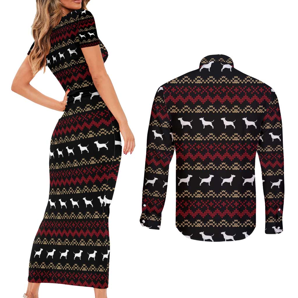 Christmas Bull Dog Terrier Couples Matching Short Sleeve Bodycon Dress and Long Sleeve Button Shirt Xmas Holiday Patterns - Wonder Print Shop