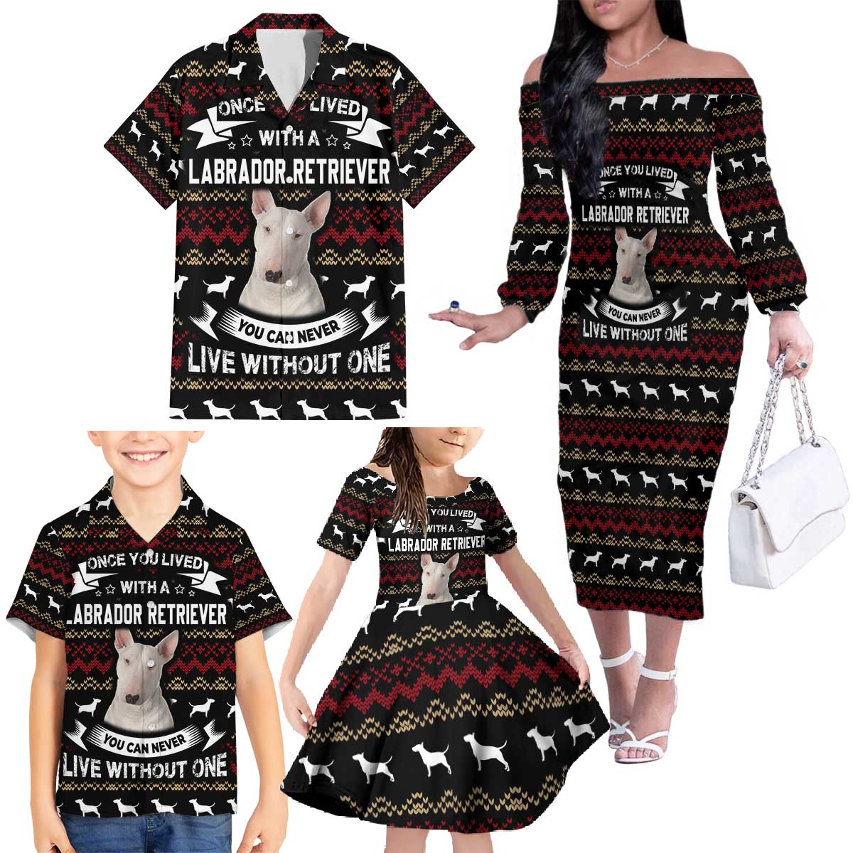 Christmas Bull Dog Terrier Family Matching Off The Shoulder Long Sleeve Dress and Hawaiian Shirt Xmas Holiday Patterns - Wonder Print Shop