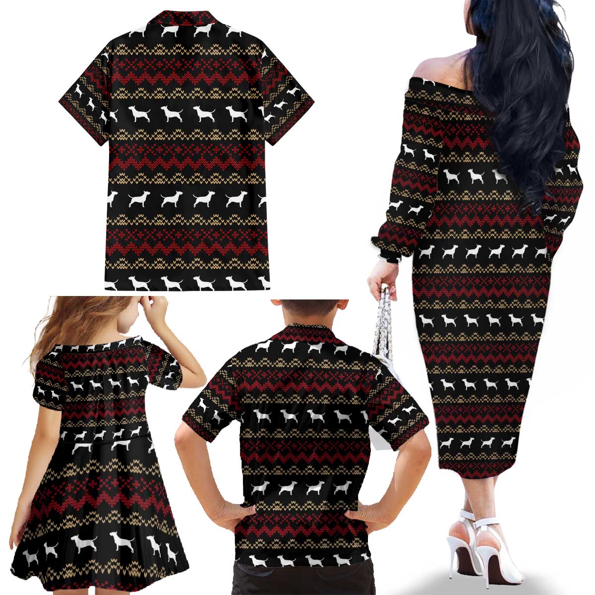Christmas Bull Dog Terrier Family Matching Off The Shoulder Long Sleeve Dress and Hawaiian Shirt Xmas Holiday Patterns - Wonder Print Shop