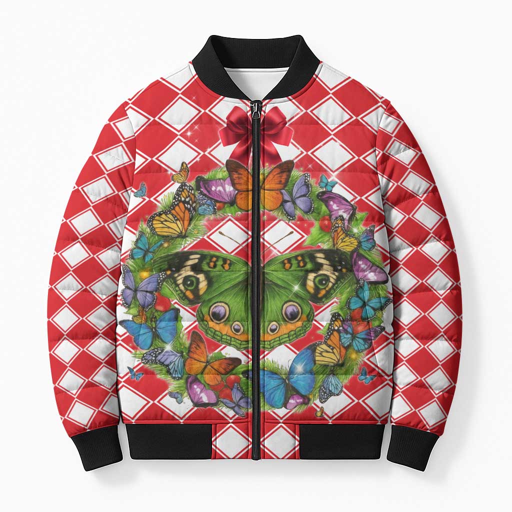 Christmas Butterfly Wreath Bomber Puffer Jacket Xmas Holiday Patterns - Wonder Print Shop