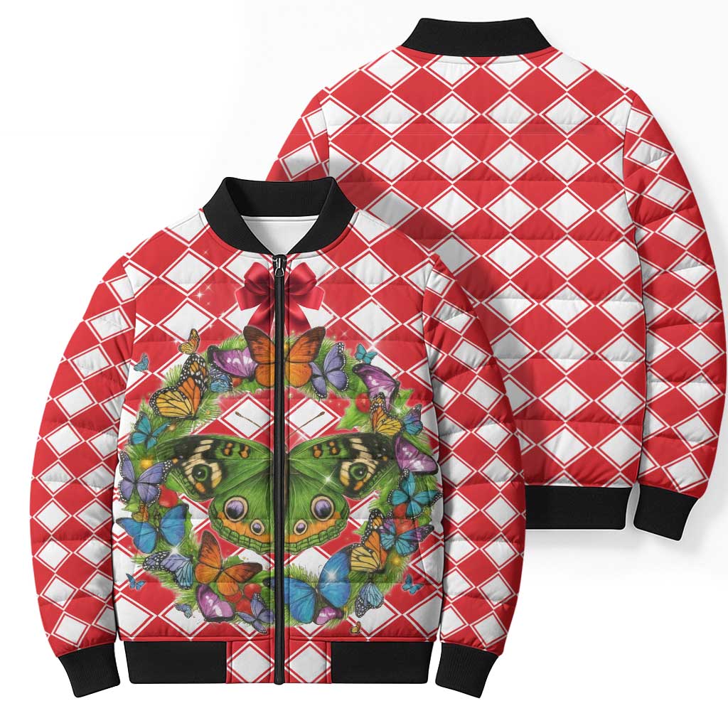 Christmas Butterfly Wreath Bomber Puffer Jacket Xmas Holiday Patterns - Wonder Print Shop