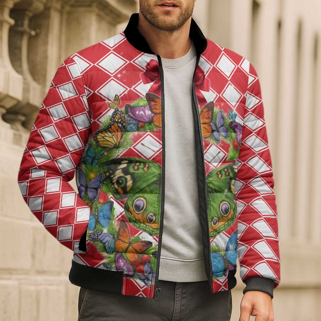 Christmas Butterfly Wreath Bomber Puffer Jacket Xmas Holiday Patterns - Wonder Print Shop