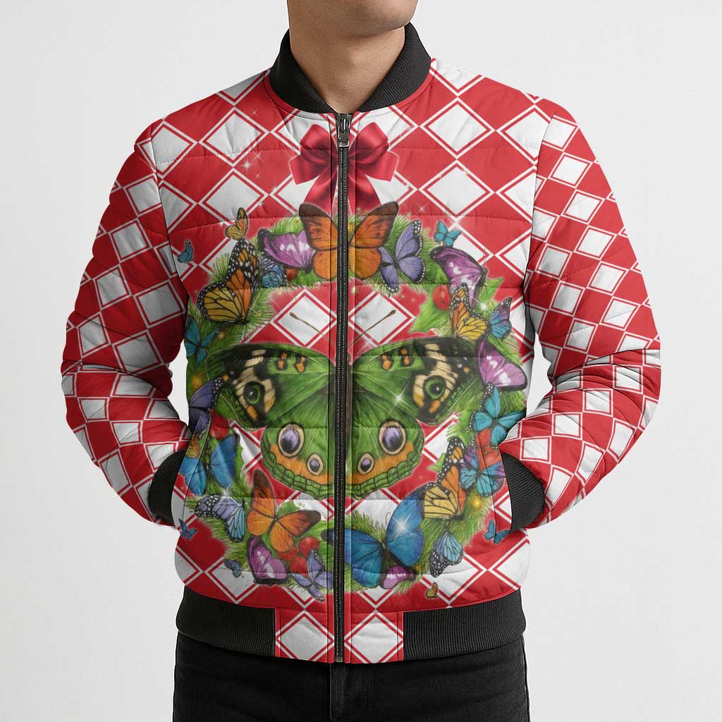 Christmas Butterfly Wreath Bomber Puffer Jacket Xmas Holiday Patterns - Wonder Print Shop