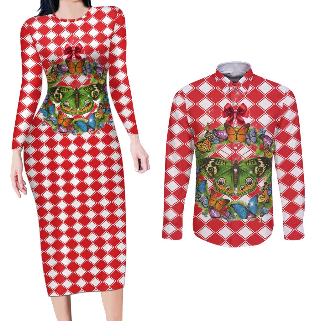 Christmas Butterfly Wreath Couples Matching Long Sleeve Bodycon Dress and Long Sleeve Button Shirt Xmas Holiday Patterns - Wonder Print Shop