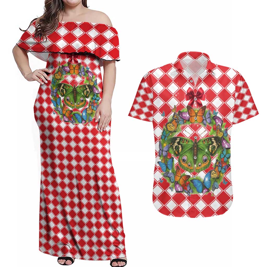 Christmas Butterfly Wreath Couples Matching Off Shoulder Maxi Dress and Hawaiian Shirt Xmas Holiday Patterns - Wonder Print Shop