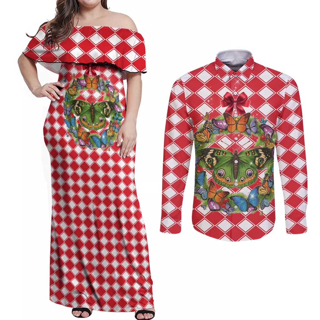 Christmas Butterfly Wreath Couples Matching Off Shoulder Maxi Dress and Long Sleeve Button Shirt Xmas Holiday Patterns - Wonder Print Shop