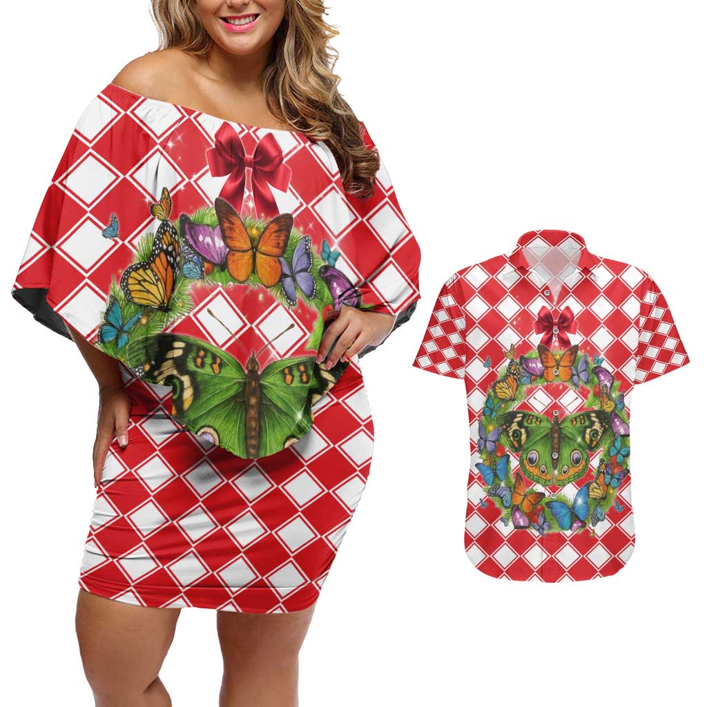 Christmas Butterfly Wreath Couples Matching Off Shoulder Short Dress and Hawaiian Shirt Xmas Holiday Patterns - Wonder Print Shop