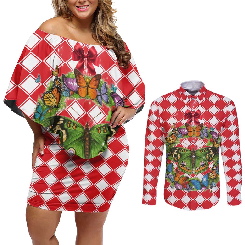 Christmas Butterfly Wreath Couples Matching Off Shoulder Short Dress and Long Sleeve Button Shirt Xmas Holiday Patterns - Wonder Print Shop