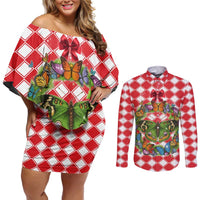 Christmas Butterfly Wreath Couples Matching Off Shoulder Short Dress and Long Sleeve Button Shirt Xmas Holiday Patterns - Wonder Print Shop