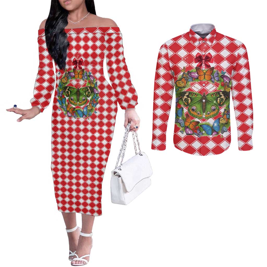Christmas Butterfly Wreath Couples Matching Off The Shoulder Long Sleeve Dress and Long Sleeve Button Shirt Xmas Holiday Patterns - Wonder Print Shop