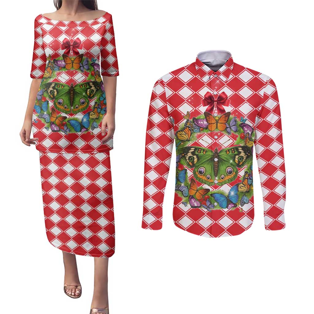 Christmas Butterfly Wreath Couples Matching Puletasi and Long Sleeve Button Shirt Xmas Holiday Patterns - Wonder Print Shop