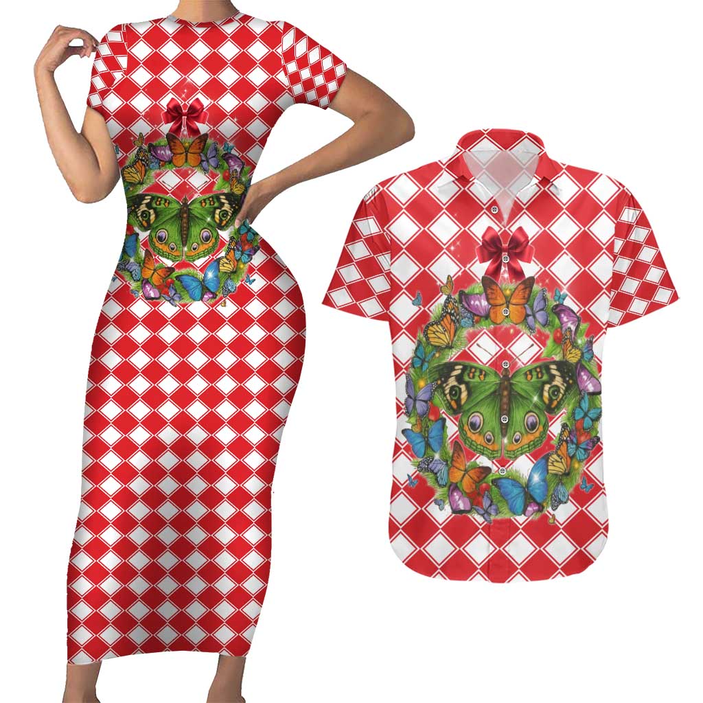 Christmas Butterfly Wreath Couples Matching Short Sleeve Bodycon Dress and Hawaiian Shirt Xmas Holiday Patterns - Wonder Print Shop